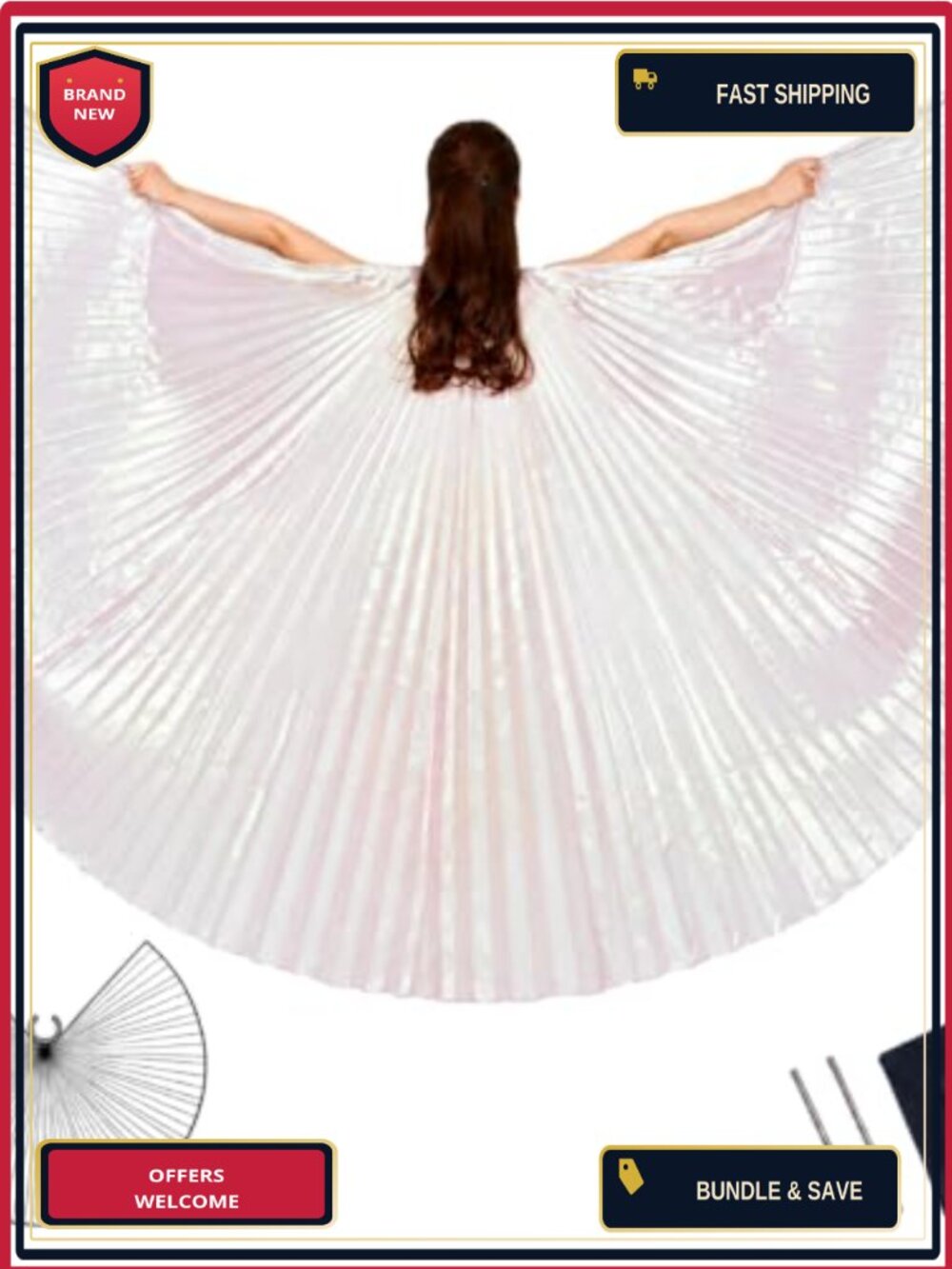 Pleated Belly Dance Isis Wings with Telescoping Sticks & Storage Bag